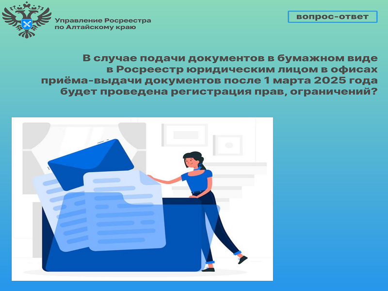 Росреестр отвечает на вопрос: В случае подачи документов в бумажном виде в Росреестр юридическим лицом в офисах приёма-выдачи документов после 1 марта 2025 года будет проведена регистрация прав, ограничений?.